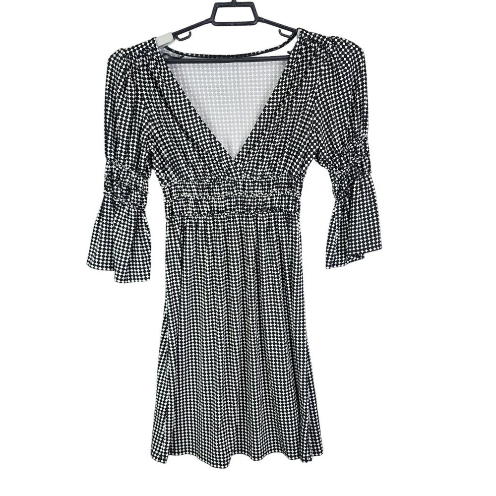 Women's Black & White Polka Dot V Neck Dress Bell Sleeves Smocked Waist Size S